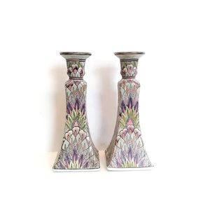 Vintage Chinoiserie Candle Holders Pastel Textured Boho Decor
